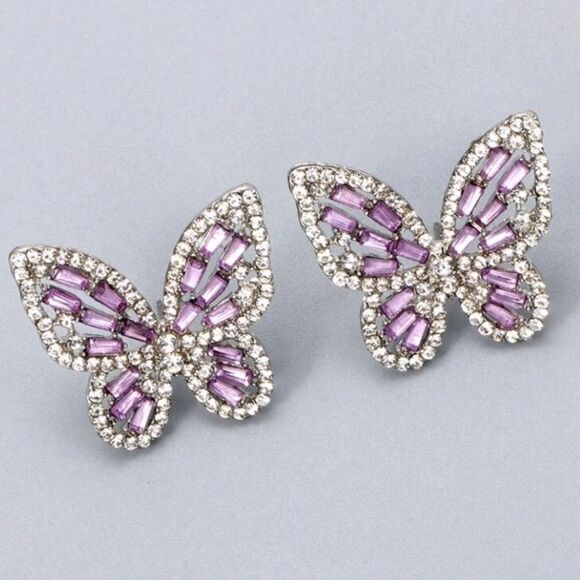 Silver Purple Butterfly Rhinestone Stud Earrings - Picture 1 of 4